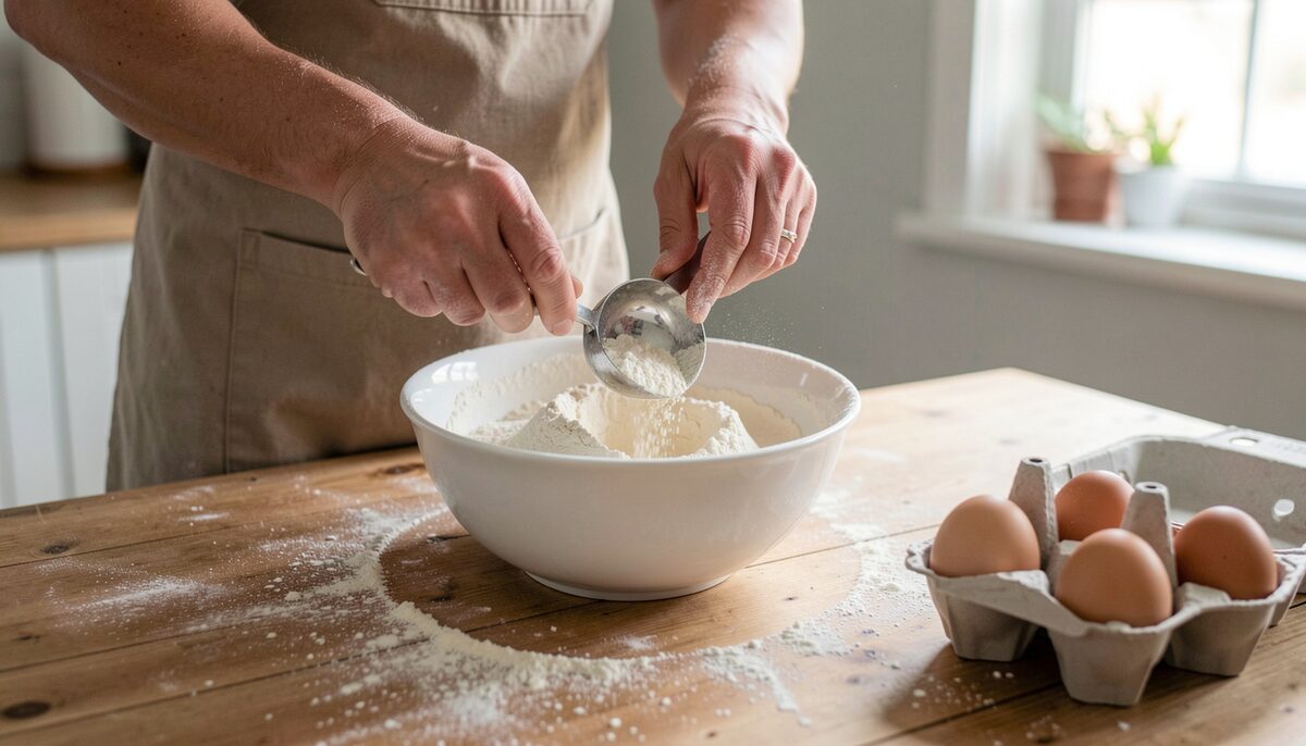 A home baker measuring flour into a bowl on a floured wooden table, mixing spoon and carton of eggs nearby.