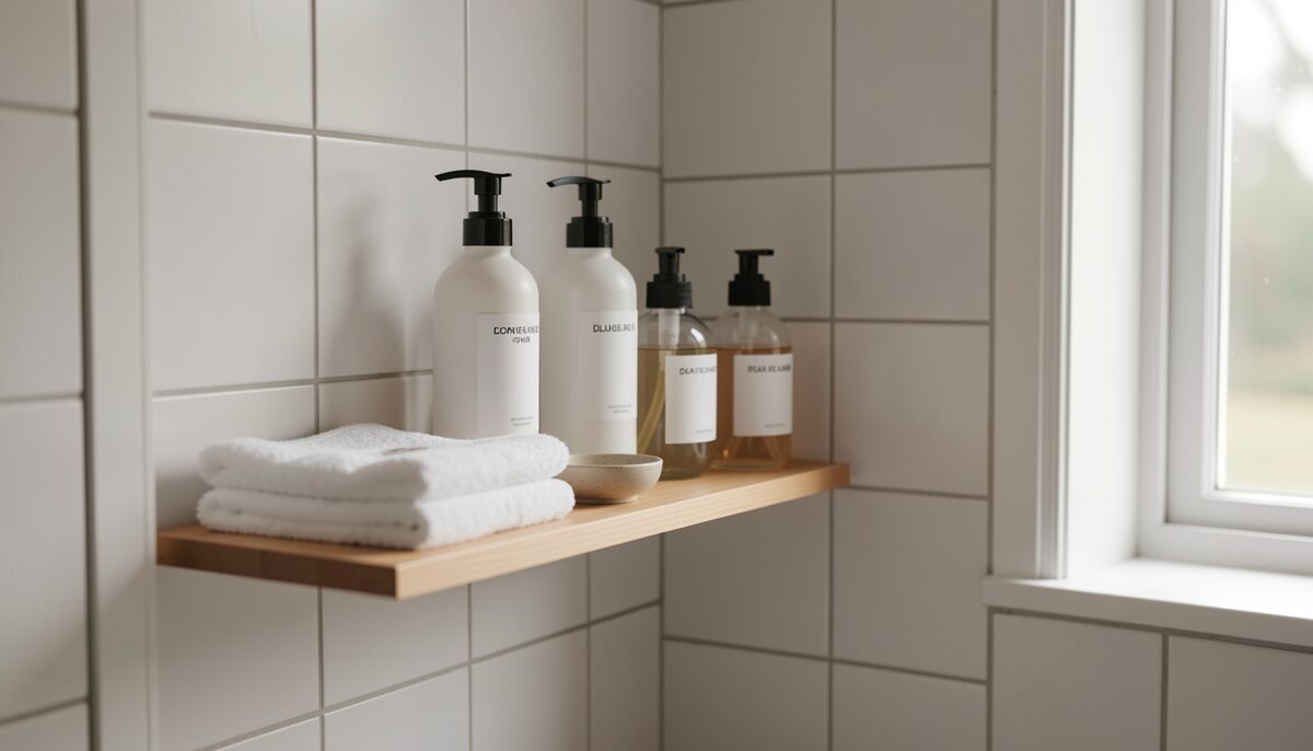 A bathroom shelf with unlabelled pump bottles, a folded towel and a small ceramic dish, soft window light.