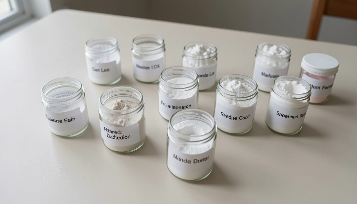 A flat lay of small labelled laboratory-style sample jars on a plain table, each holding a different white powder, natural side light.