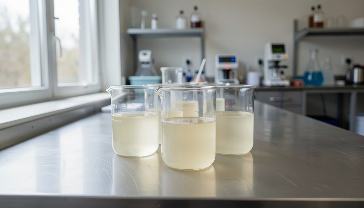 Clear glass beakers of pale syrup on a stainless steel bench in a food science laboratory, no labels visible.