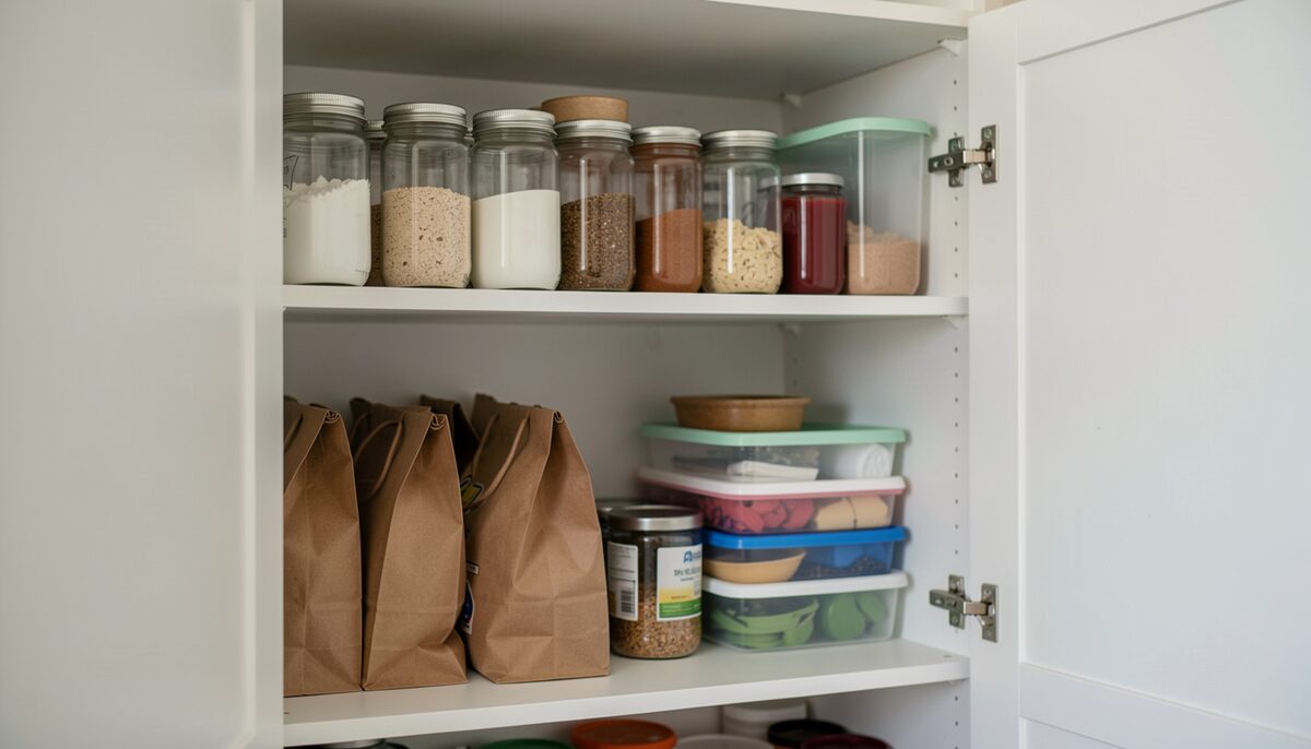 A pantry shelf with glass jars, paper bags and a stack of reusable containers, pantry door ajar.